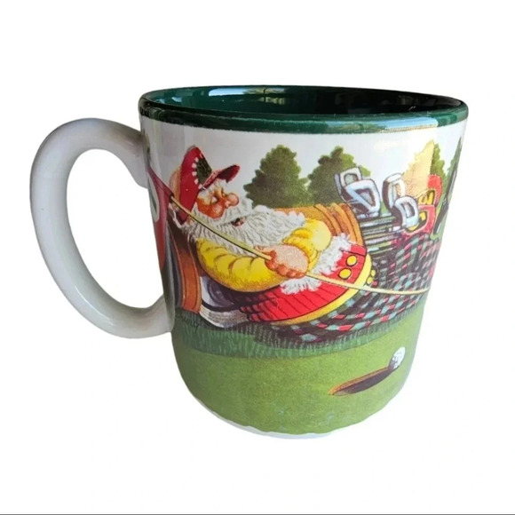 Vintage 1994 Potpourri Designs Golfing Mug Cup Christmas Santa Holiday Green - Picture 1 of 6